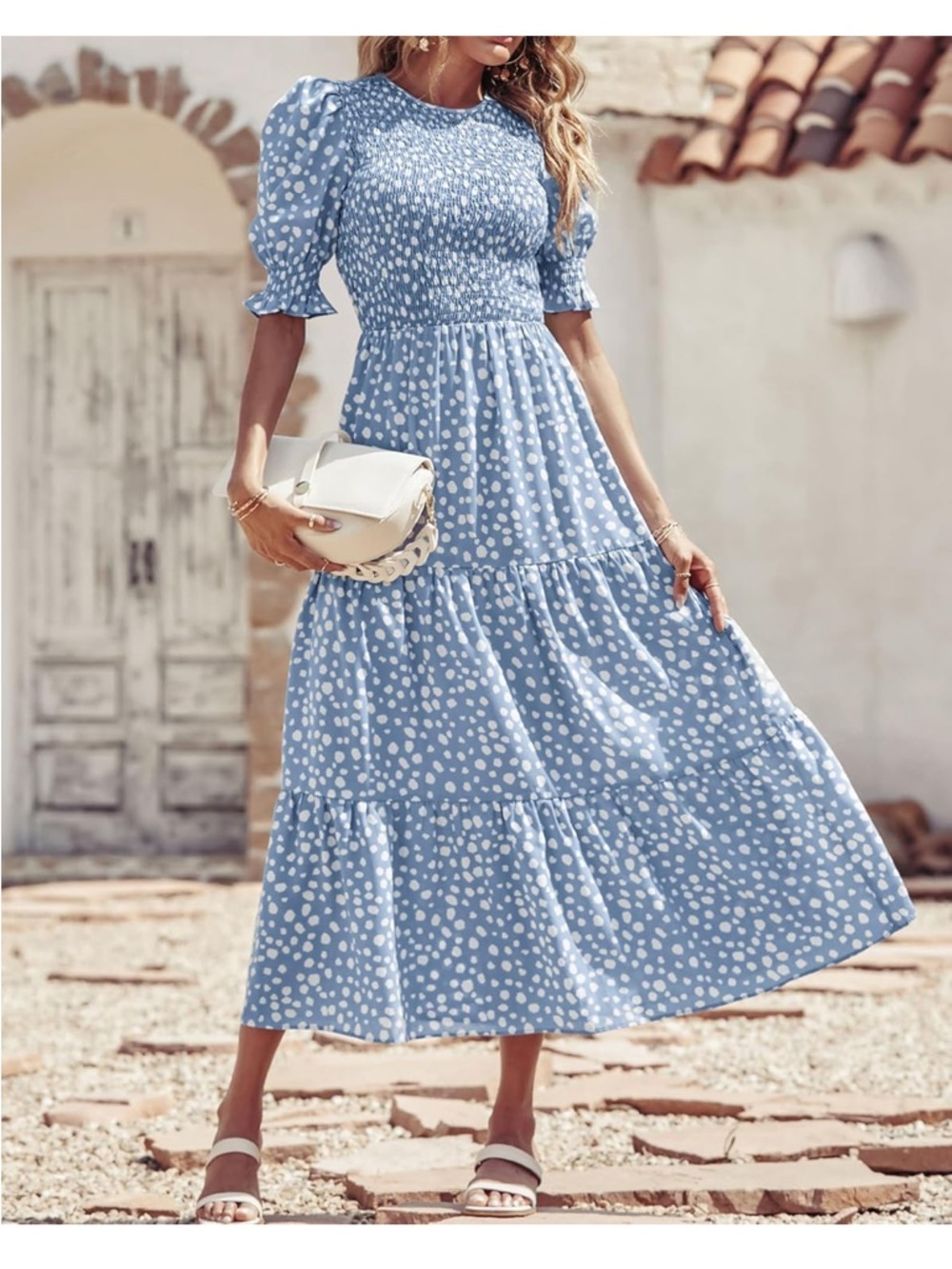BTFBM Smocked Maxi Dress 18 Blue White Polka Dot Tiered Cottagecore Boho
